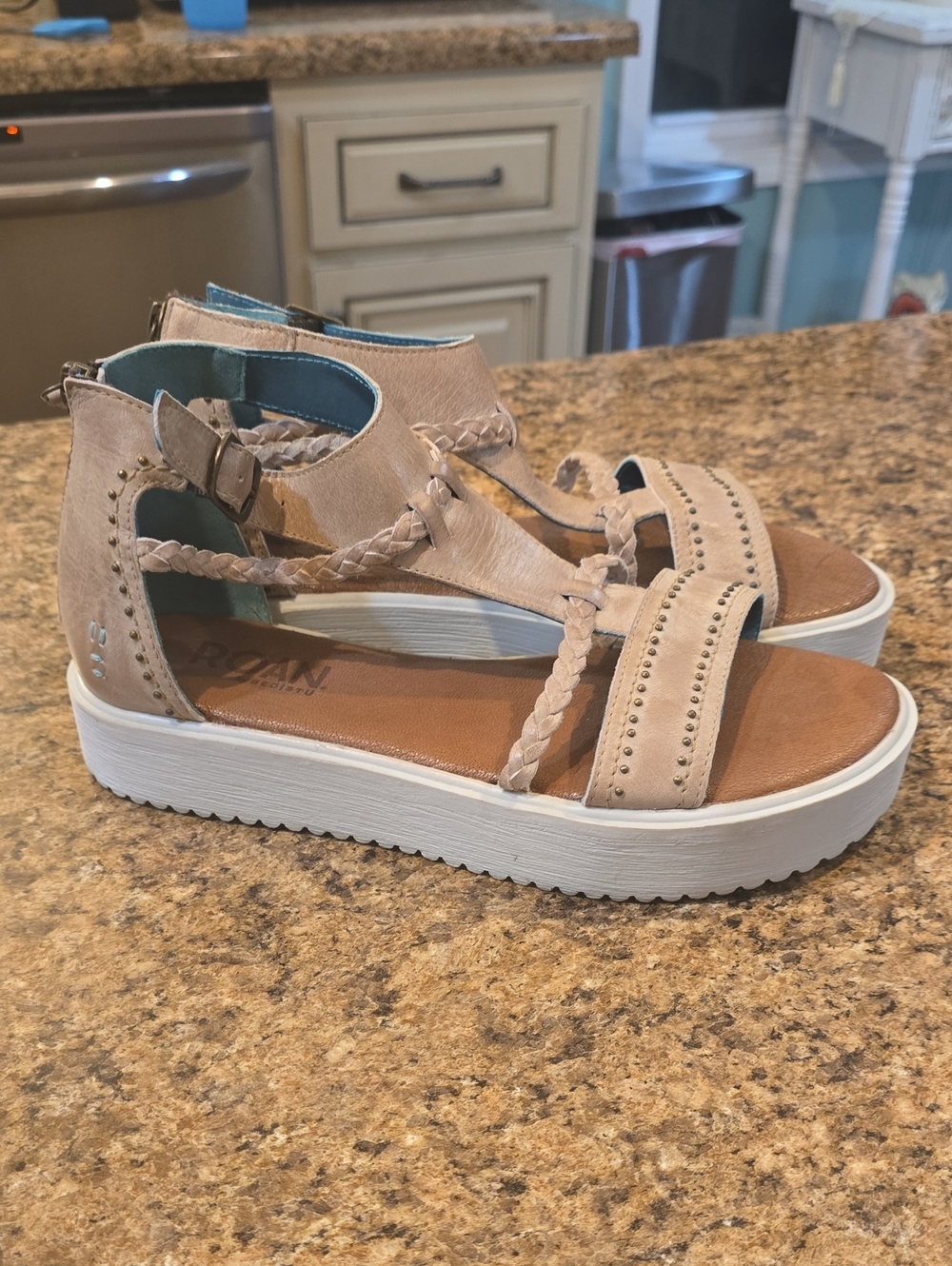 By BEDstu-  Beige Braided Platform Sandals with Stud Detail - Women